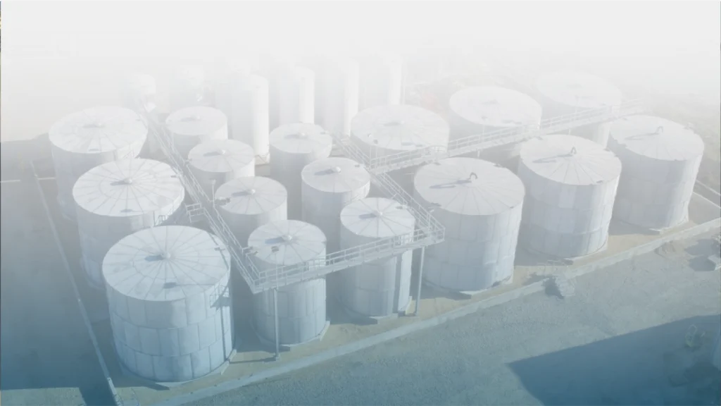 Tanques de almacenamiento blancos de acero en una planta industrial